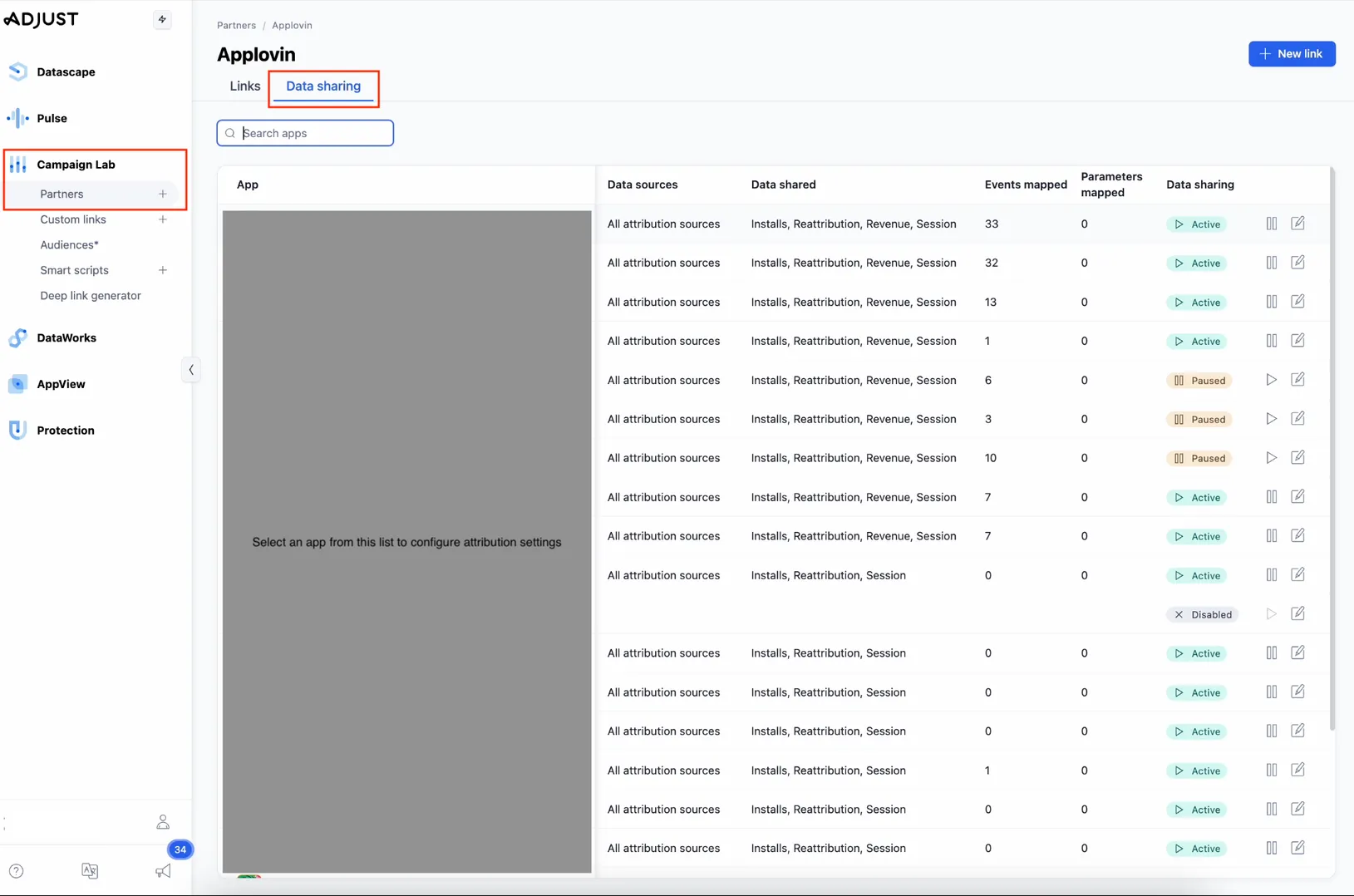 Campaign Lab > Partners. Axon by AppLovin: Data sharing. Search apps (search field). Table of apps, data sources, data shared, events mapped, parameters mapped, data sharing status.
