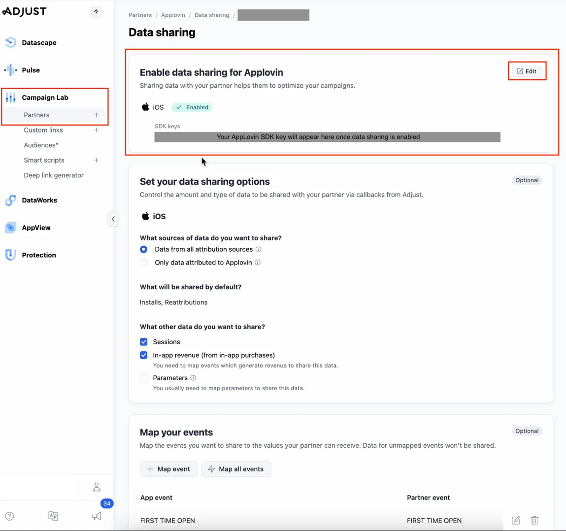 Campaign Lab > Partners. Data sharing. Enable data sharing for Axon by AppLovin. Sharing data with your partner helps them to optimize your campaigns. iOS enabled. SDK Keys: Your Axon by AppLovin SDK key will appear here once data sharing is enabled.