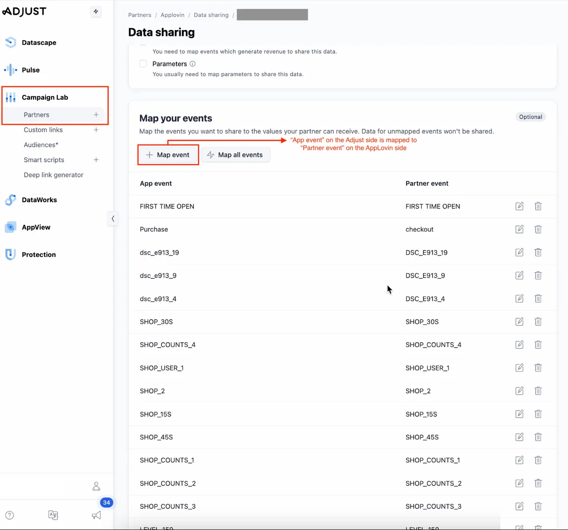 Campaign Lab > Partners. Map your events (optional). Map the events you want to share to the values your partner can receive. Data for unmapped events won’t be shared. Map event button. Map all events button. Table of App events and corresponding Partner events.