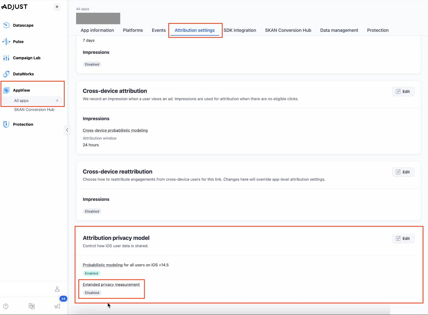 AppView > All apps. Attribution settings. Attribution privacy model (Edit button): Control how iOS user datat is shared. Probabilistic modeling for all users on iOS +14.5 (Enabled). Extended privacy measurement (Disabled).