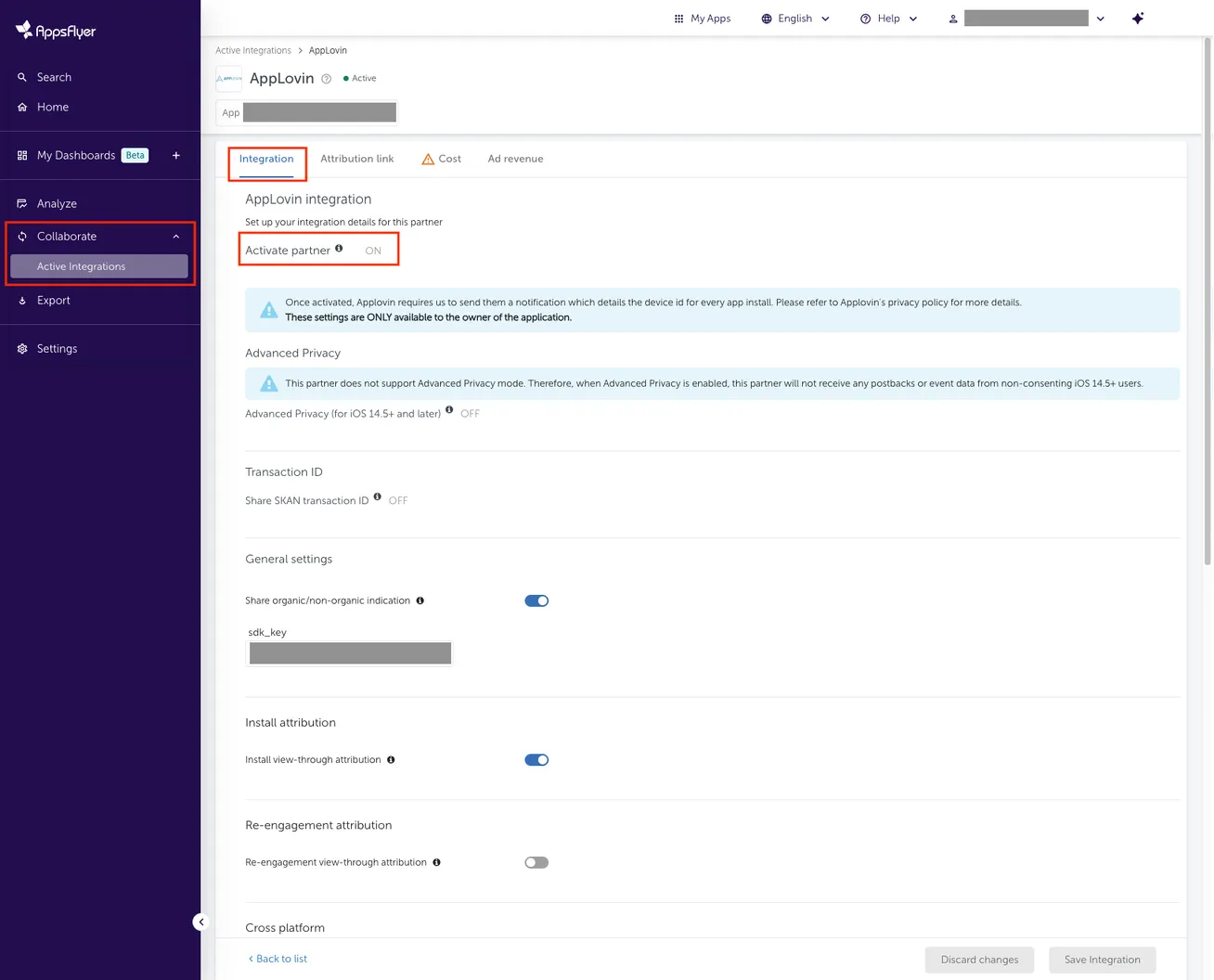Collaborate > Active Integrations. Integration. Axon by AppLovin integration. Set up your integration details for this partner. Activate partner (on). Discard changes button. Save Integration button.