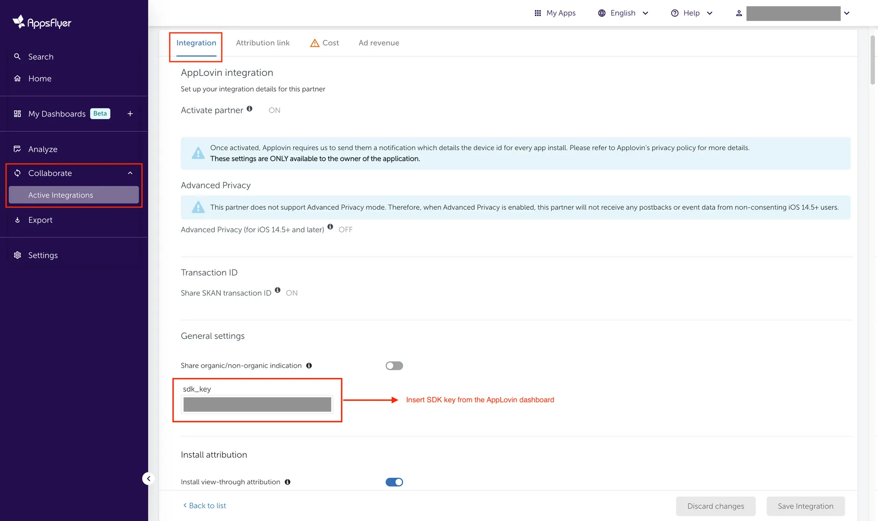 Collaborate > Active Integrations. Integration. General settings. sdk_key input field (insert SDK key from the Axon by AppLovin dashboard).