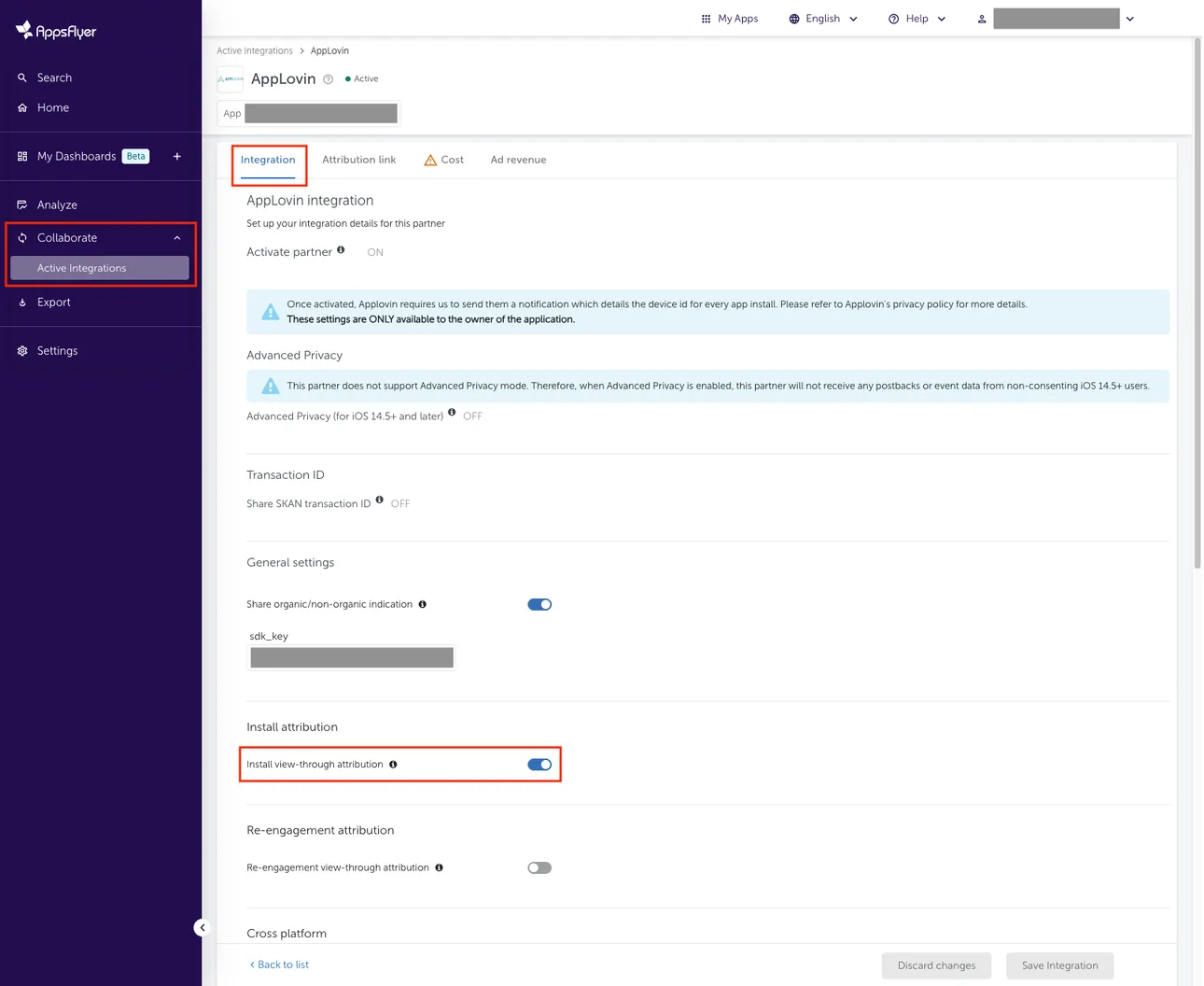 Collaborate > Active Integrations. Integration. Install attribution. Install view-through attribution (ON).