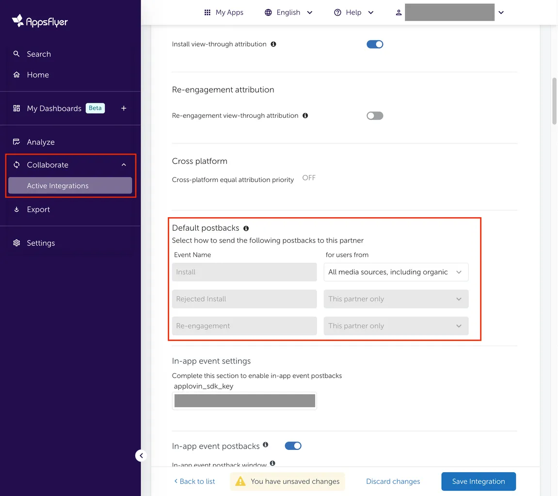 Collaborate > Active Integrations. Integration. Default postbacks. Select how to send the following postbacks to this partner. Table of event names and corresponding for-users-from selections.