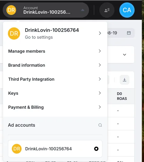 DrinkLovin-100256764 (Go to settings): Manage members, Brand information, Third Party Integration, Keys, Payment & Billing, Ad accounts.