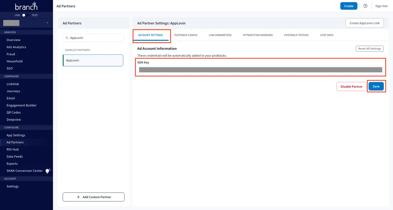 CONFIGURE > Ad Partners. Ad Partner Settings: Axon by AppLovin. Account Settings. Ad Account Information. These credentials will be automatically added to your postbacks. Reset All Settings button. SDK Key field. Disable Partner button. Save button.