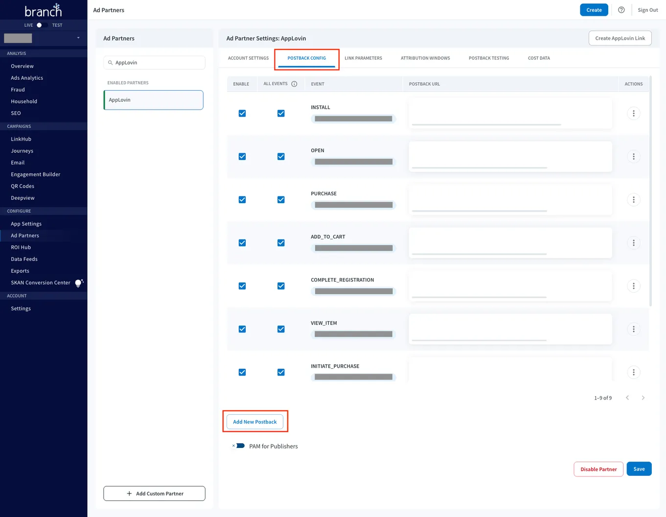 CONFIGURE > Ad Partners. Ad Partner Settings: Axon by AppLovin. Postback Config. Table of events. Add New Postback button. PAM for Publishers toggle. Disable Partner button. Save button.