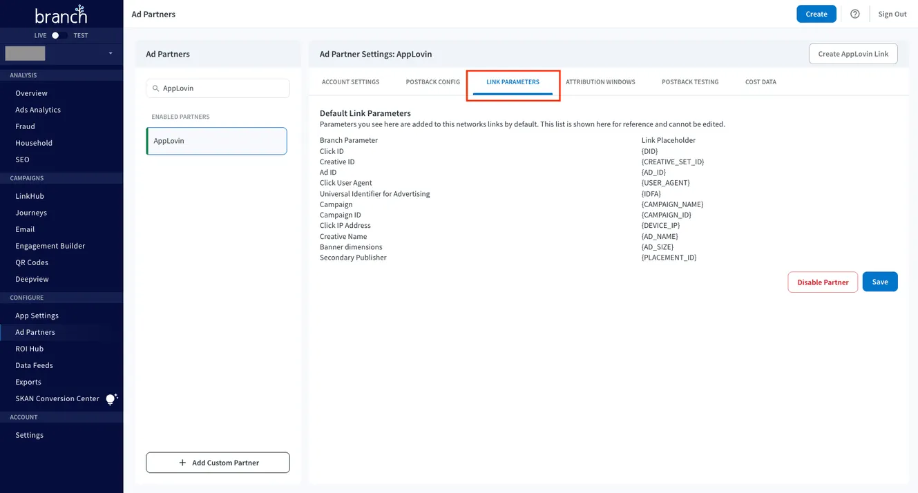 CONFIGURE > Ad Partners. Ad Partner Settings: Axon by AppLovin. Link Parameters. List of default link parameters. Disable Partner button. Save button.