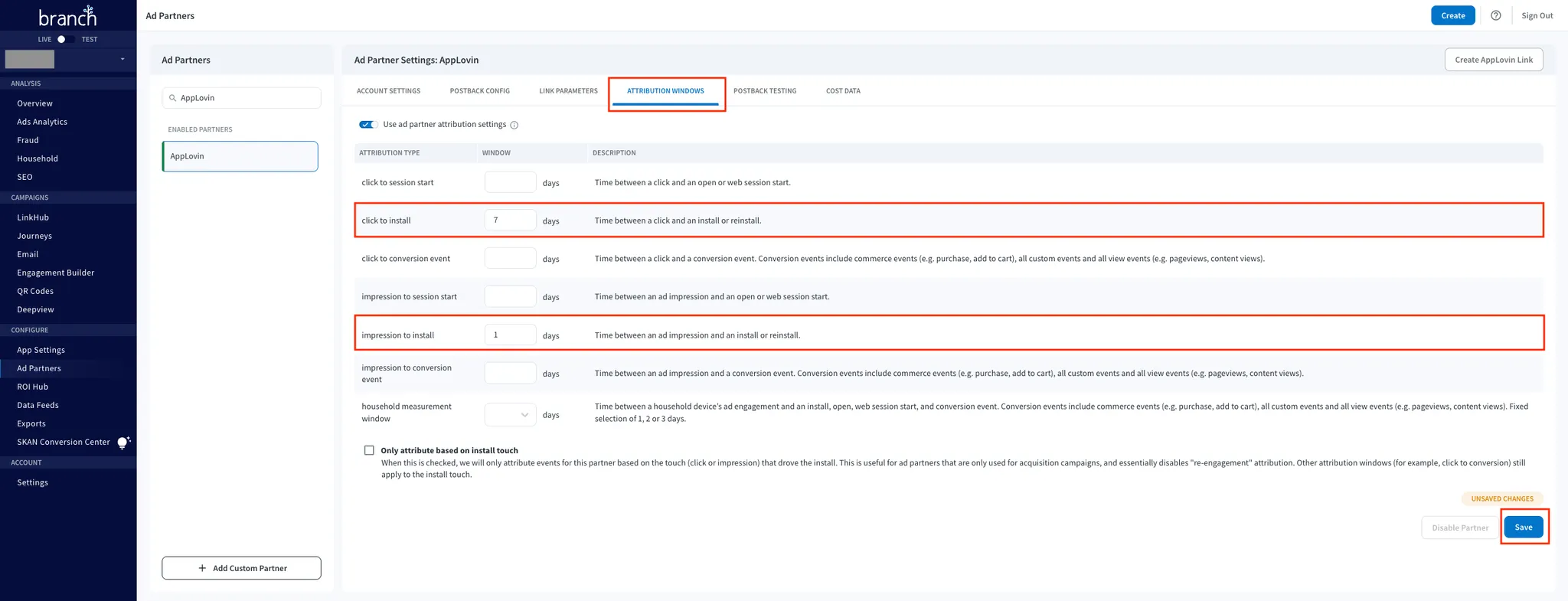 CONFIGURE > Ad Partners. Ad Partner Settings: Axon by AppLovin. Attribution Windows. Use ad partner attribution settings toggle. click to install: 7 days. impression to install: 1 days. Save button.