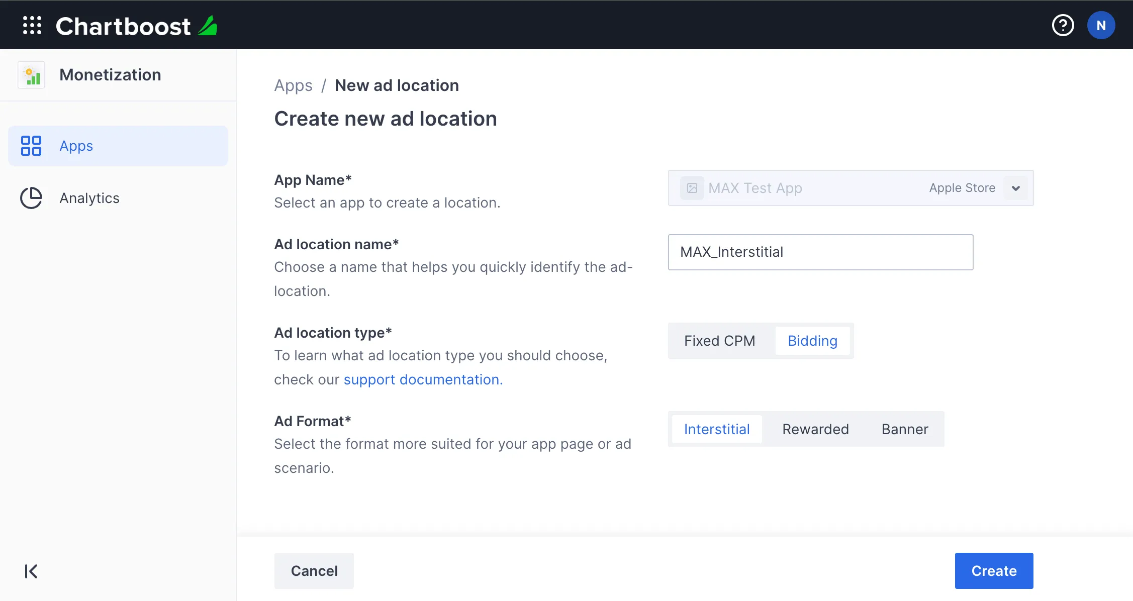 Monetization. Create new ad location. App Name drop-down. Ad Location Name input field. Ad Location Type radio buttons: ☐ Fixed CPM, ☑ Bidding. Ad Format radio buttons: ☑ Interstitial, ☐ Rewarded, ☐ Banner. Create button.