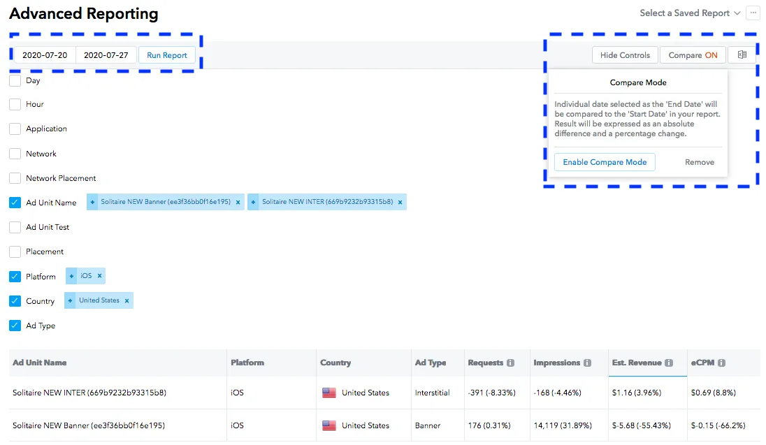 Advanced Reporting. 2020-07-20 2020-07-27. Run Report. Hide Controls. Compare: ON. Compare Mode: Individual date selected as the ‘End Date’ will be compared to the ‘Start Date’ in your report. Result will be expressed as an absolute difference and a percentage change. Enable Compare Mode. Remove.