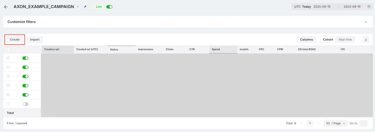 Customize filters. Create button. Import button. Table of creative sets.