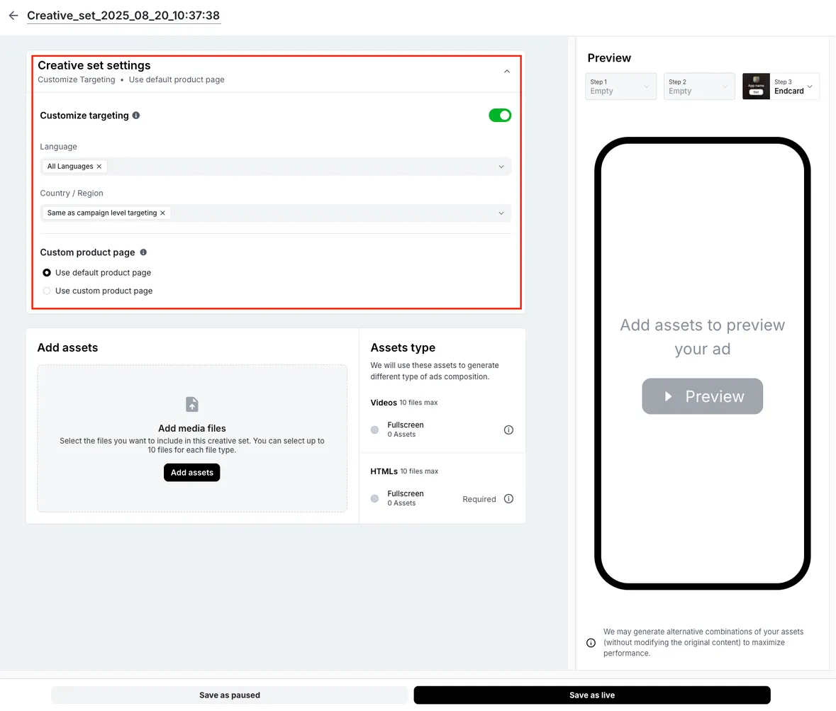 Creative set settings. Customize Targeting. Use default product page. Customize targeting. Language selector. Country/Region selector. Custom product page options: Use default product page, Use custom product page.
