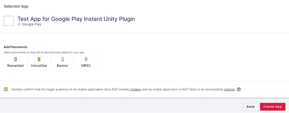 Selected App: Test (Google Play). Checkbox: By checking this box, I hereby confirm that my app is not directed to children under the age of 13 or to the general audience which may include children under the age of 13. Add Another App button. Add Placements button. Add Mediated Networks button.