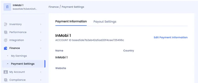 Finance/Payment Settings. Payment Information tab. Account Name. Account ID. Edit Payment Information. Name, Country, Website.