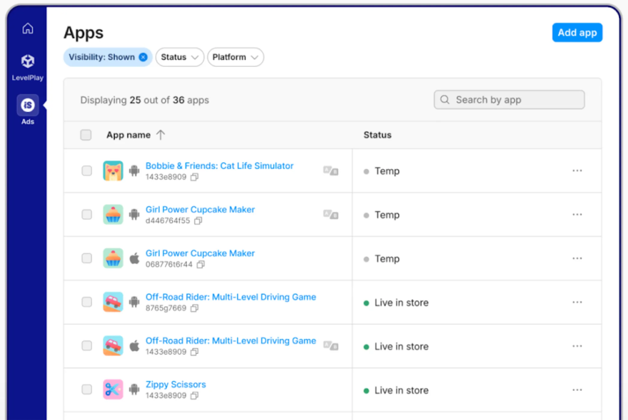 iS Ads: Apps. Visibility: Shown. Status drop-down. Platform drop-down. Displaying 25 out of 36 apps. List of apps sorted by app name. Add app button.