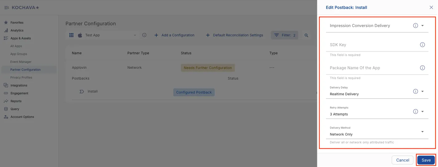 Edit Postback: Install. Impression Conversion Delivery field. SDK Key field (This field is required). Package Name Of the App field (This field is required). Delivery Delay drop-down selector (Realtime Delivery). Retry Attempts drop-down selector (3 Attempts). Delivery Method drop-down selector (Network Only). Deliver all or network only attributed traffic. Cancel button. Save button.