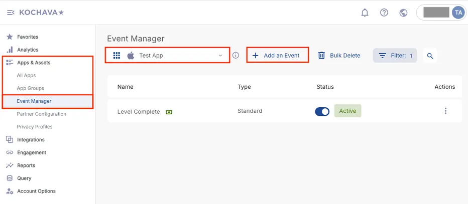 Apps & Assets > Event Manager. App selector. + Add an Event. Bulk delete. Filter. Search. Table: Name, Type, Status, Actions.