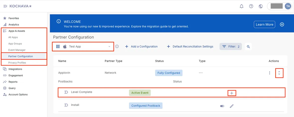 Apps & Assets > Partner Configuration. App selector. Actions: ↕. Postbacks: Level Complete (Active Event) +.
