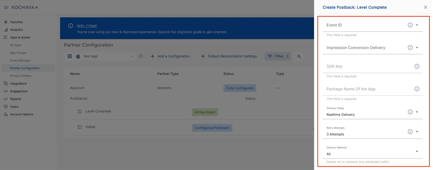 Create Postback: Level Complete. Event ID (This field is required). Impression Conversion Delivery field. SDK Key field (This field is required). Package Name Of the App field (This field is required). Delivery Delay drop-down selector (Realtime Delivery). Retry Attempts drop-down selector (3 Attempts). Delivery Method drop-down selector (All). Deliver all or network only attributed traffic. Cancel button. Save button.