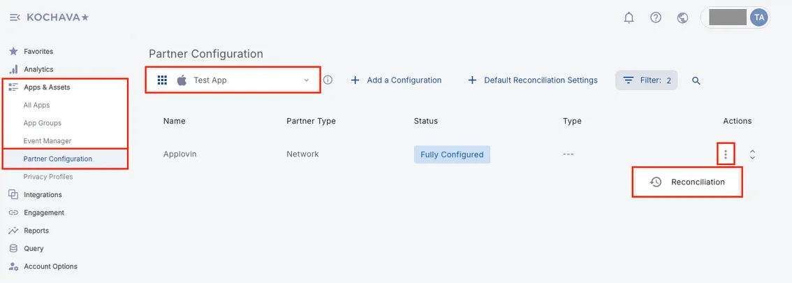 Apps & Assets > Partner Configuration. App selector. Actions: ⋮: Reconciliation.