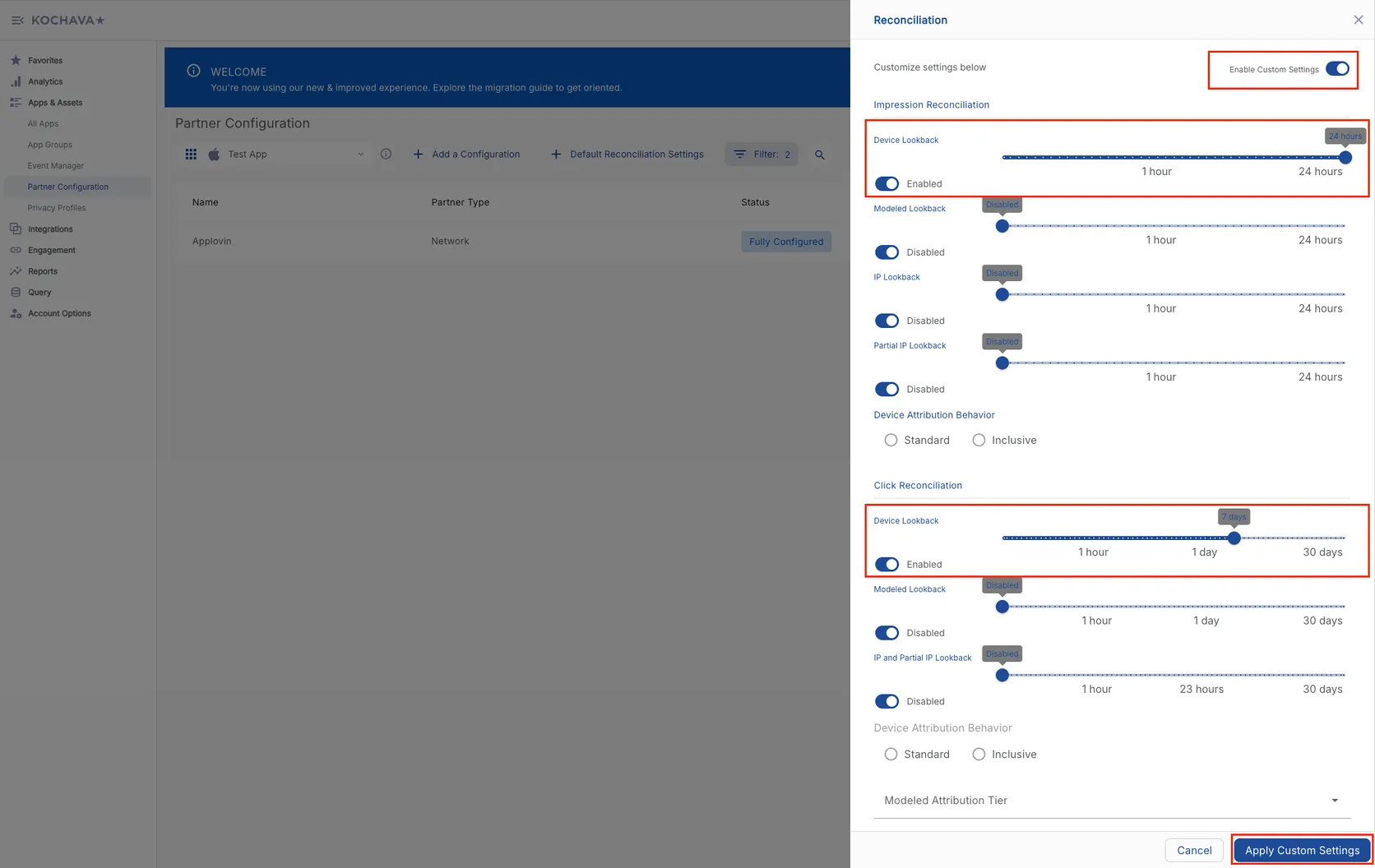 Reconciliation. Customize settings below. Enable Custom Settings toggle. Impression Reconciliation. Device Lookback. Modeled Lookback. IP Lookback. Partial IP Lookback. Device Attribution Behavior (Standard/Inclusive). Click Reconciliation. Device Lookback. Modeled Lookback. IP and Partial IP Lookback. Device Attribution Behavior (Standard/Inclusive). Modeled Attribution Tier selector. Cancel button. Apply Custom Settings button.