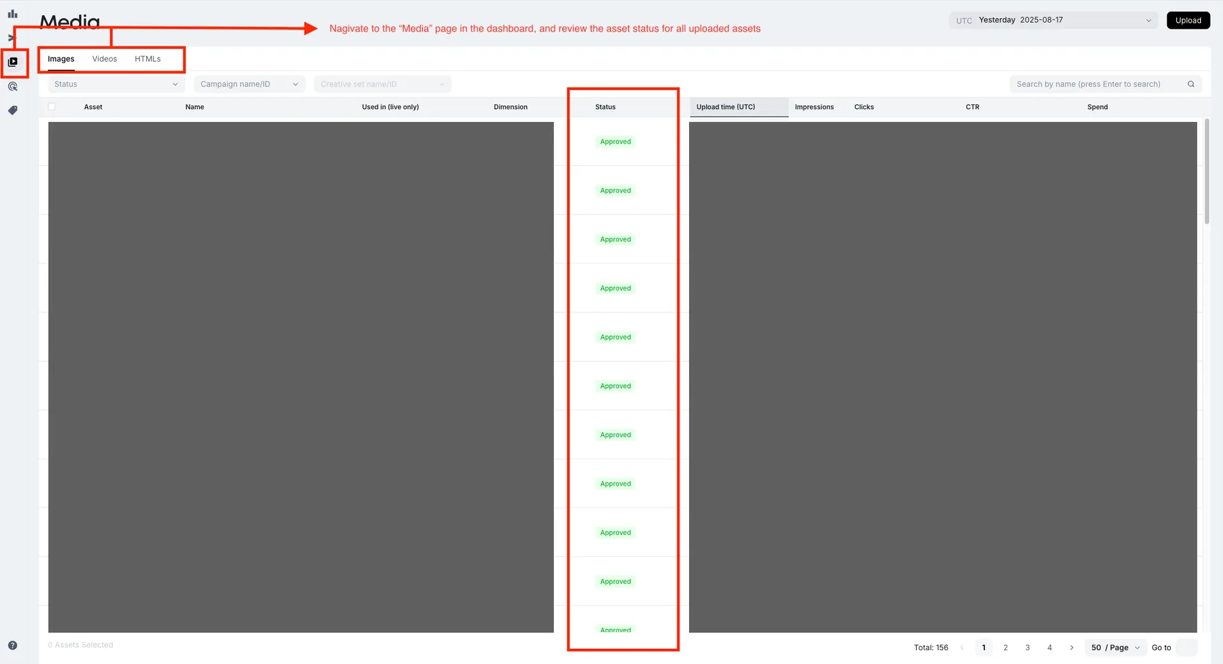 Navigate to the “Media” page in the dashboard, and review the asset status for all uploaded assets.