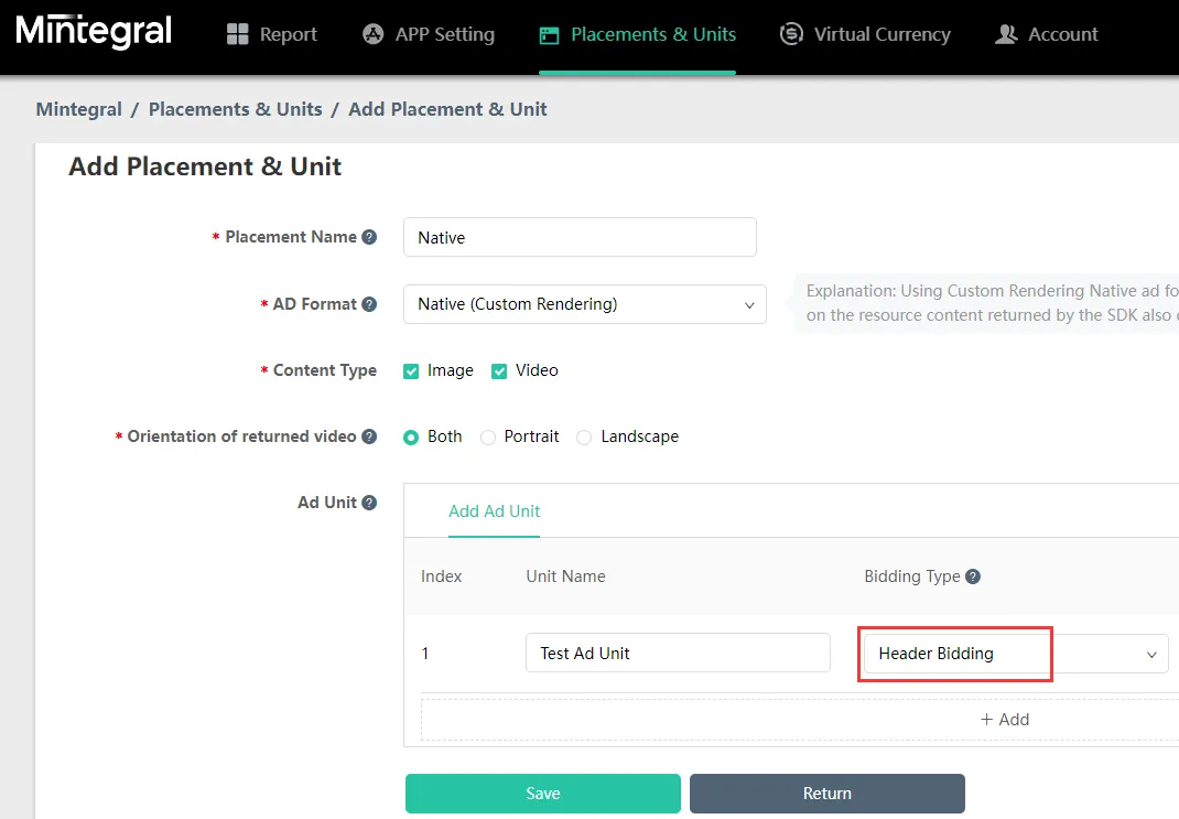 Mintegral: Add Placement and Unit. Add Ad Unit. Bidding Type: Header Bidding.