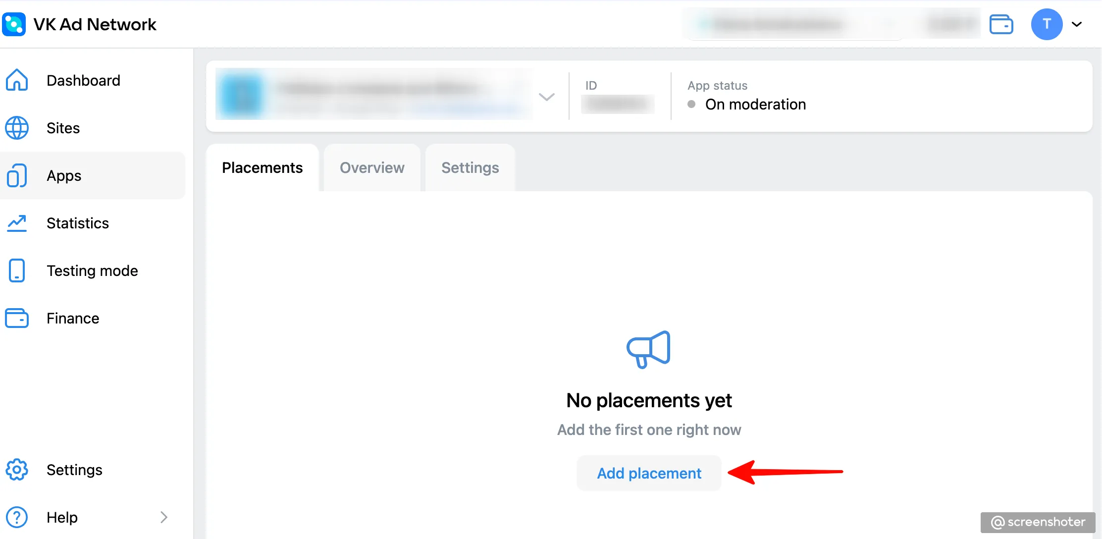VK Ad Network. Apps > Placements. No placements yet. Add the first one right now. Add placement button.