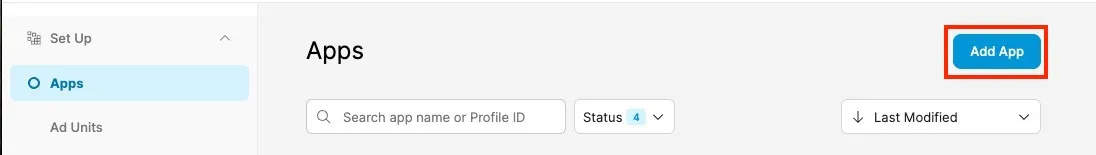 Apps. Add App button. Search app name or Profile ID field. Status drop-down. Last Modified drop-down.