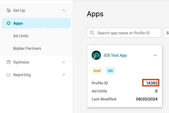 Apps. Search app name or Profile ID field. App name. Profile ID, Ad Units, Last Modified.
