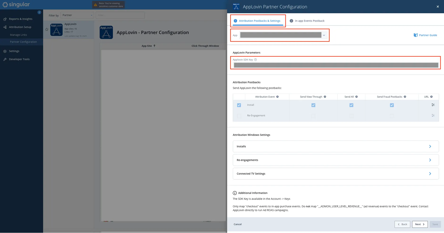 Axon by AppLovin Partner Configuration. Attribution Postbacks & Settings. App drop-down selector. Axon by AppLovin Parameters. Axon by AppLovin SDK Key