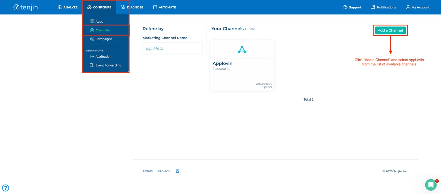 CONFIGURE > Channels. Refine by Marketing Channel Name (e.g. Meta). Your Channels. Add a Channel button.