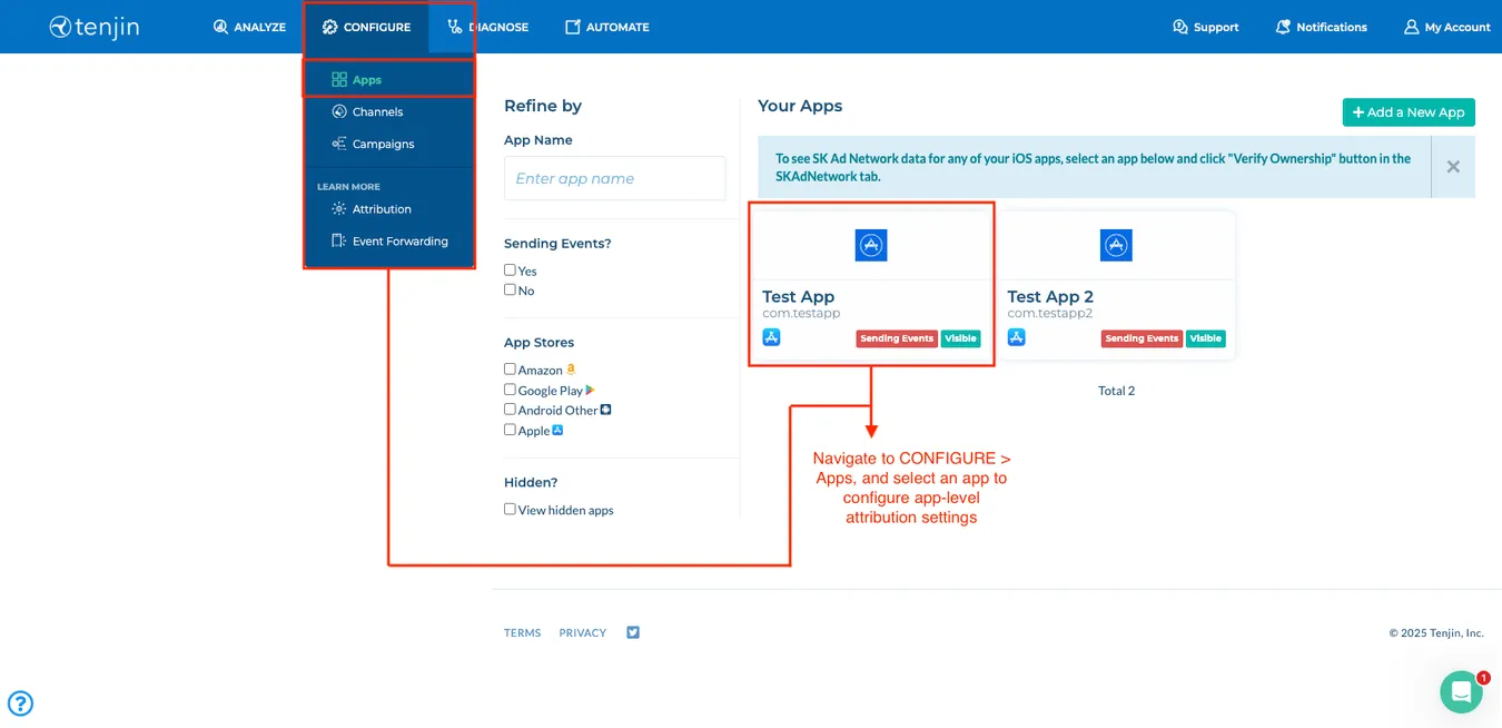 Navigate to CONFIGURE > Apps and select an app to configure app-level attribution settings.