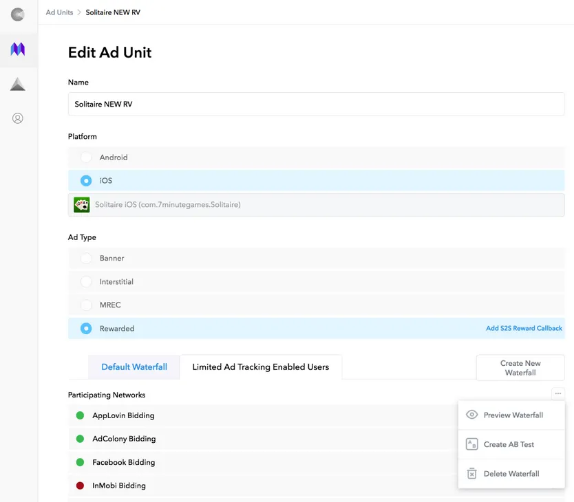 Edit Ad Unit: Name text field. Platform radio buttons (Android, iOS). Ad Type radio buttons (Banner, Interstitial, MRec, Rewarded). Limited Ad Tracking Enabled Users. Create New Waterfall. Participating Networks. Preview Waterfall. Create AB Test. Delete Waterfall.