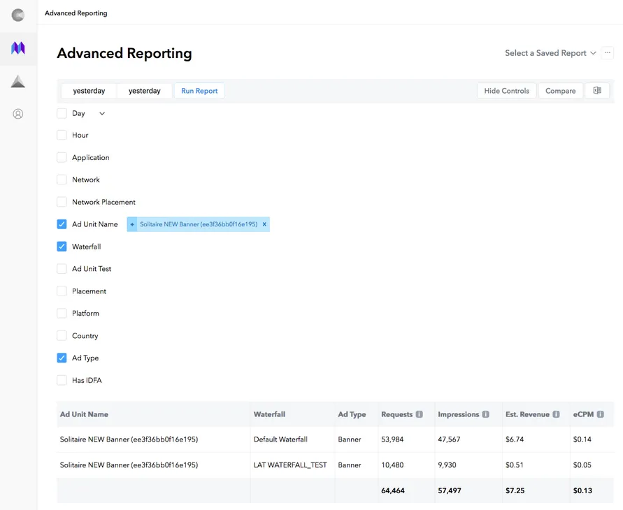 Advanced Reporting. Select a Saved Report. yesterday, Run Report, Hide Controls, Compare. Checkboxes: Day, Hour, Application, Network, Network Placement, Ad Unit Name, Placement, Platform, Country, Ad Type, Has IDFA. Table: Ad Unit Name, Waterfall, Ad Type, Requests, Impressions, Estimated Revenue, eCPM.